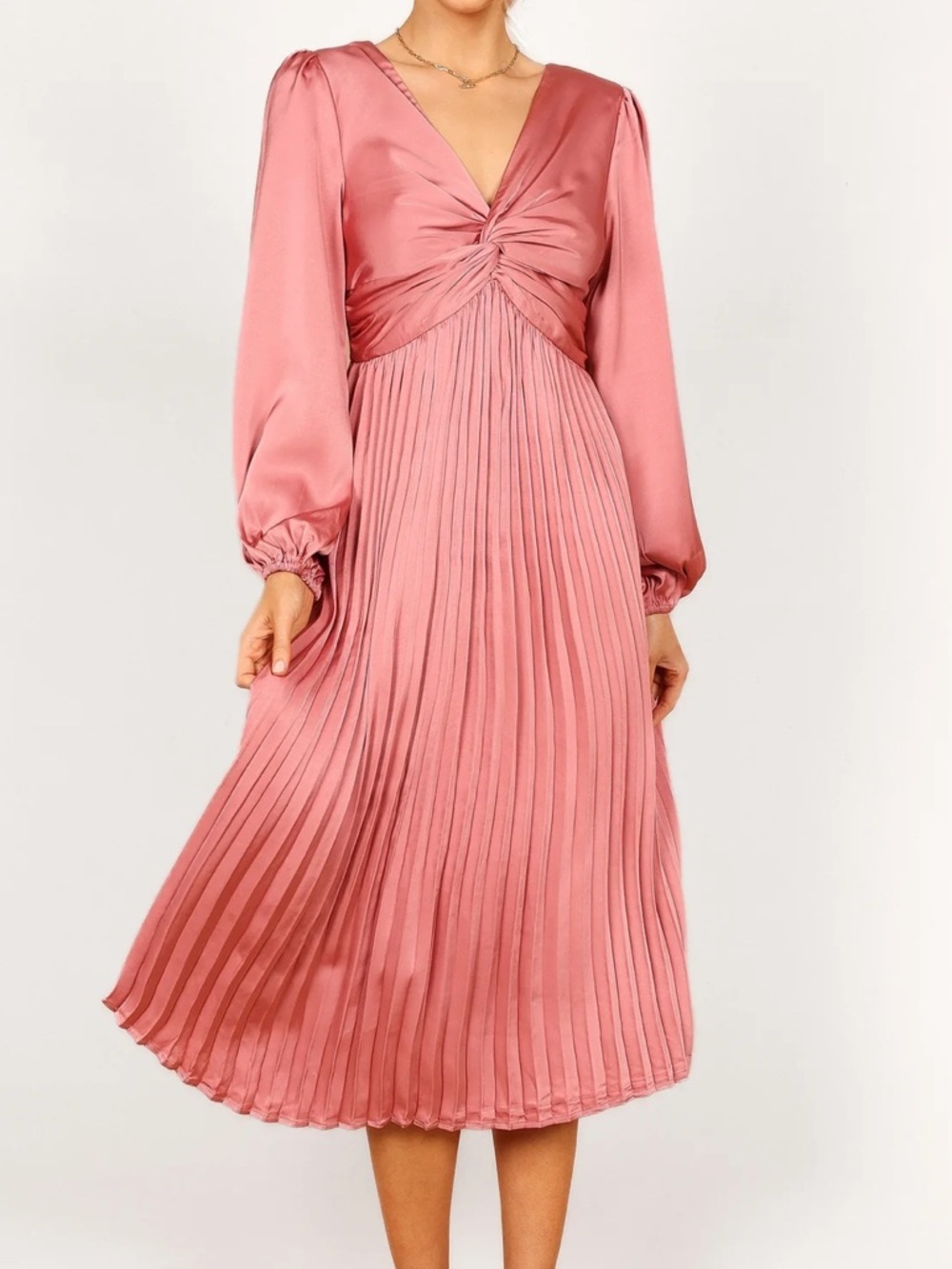 Petal & Pup Twist-Front Long Sleeve Midi Dress in Coral Rose